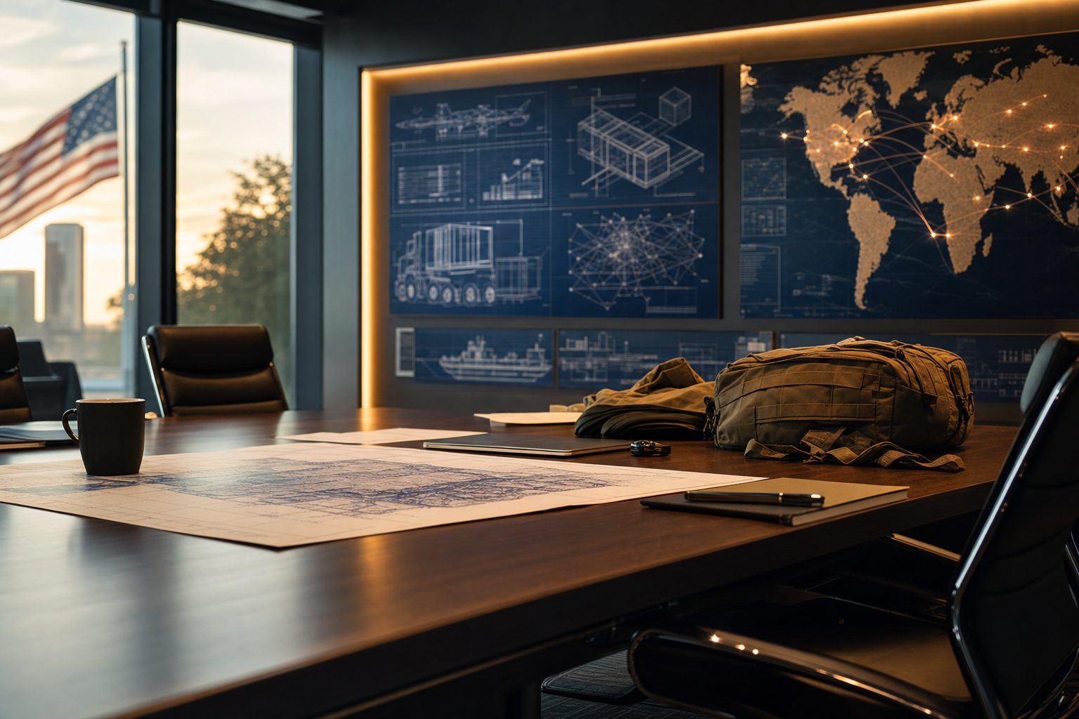 Conference room with American flag and logistics planning materials, representing MSG's veteran leadership and mission-support focus