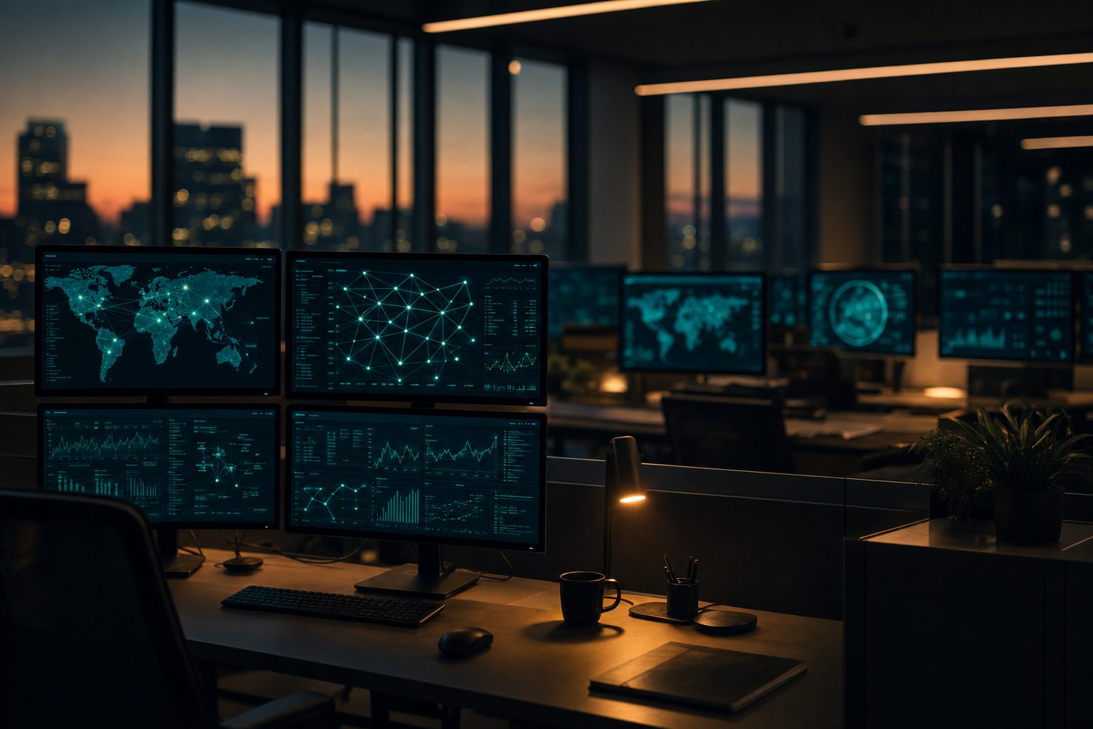 Modern technology and cybersecurity operations workspace with data and network monitoring displays